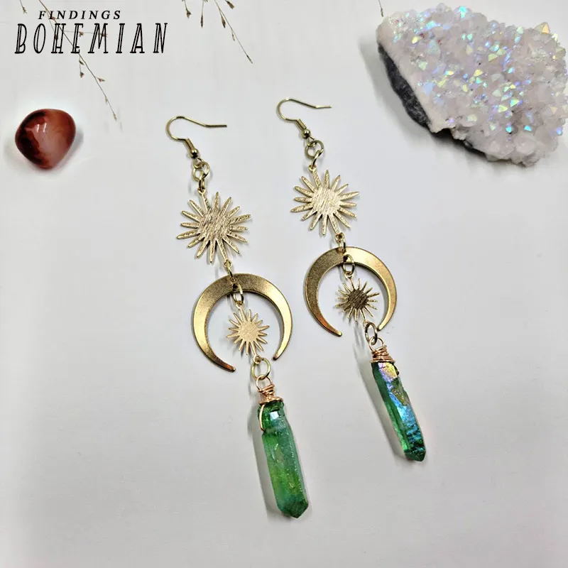 Серьги с кристаллами кварца Witchy Celestial зеленой аурой латунная Луна и искусство