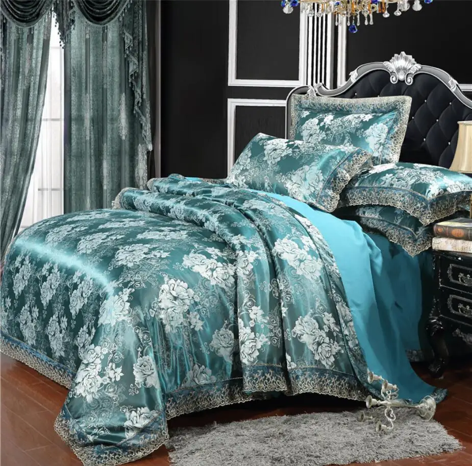 

Green Satin Flower Jacquard Bedding Set Lace Design Duvet Cover Bed Sheet Pillowcase King Queen Size Home Textile
