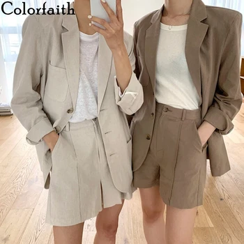 

Colorfaith 2020 New Summer Women's Sets 2 Pieces Matching Wide Leg Short Pants Casual Cotton and Linen Pockets Lady Suit WS9312