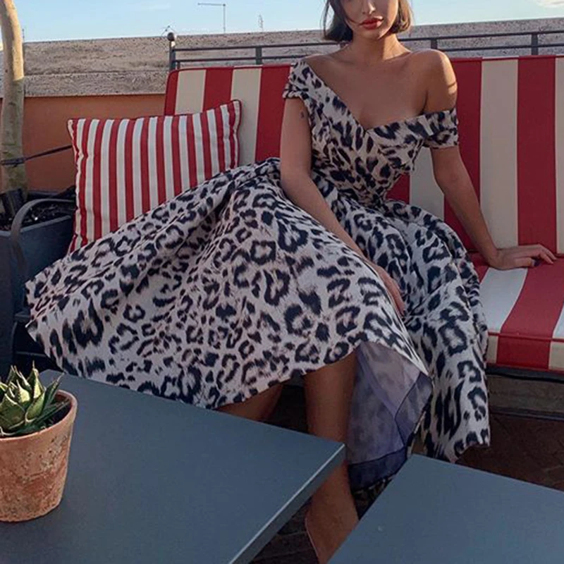 Элегантное женское платье, вечерние, Ретро стиль, Леопардовый принт, глубокий v-образный вырез, рукав реглан, сексуальное, средняя талия, вечернее женское платье