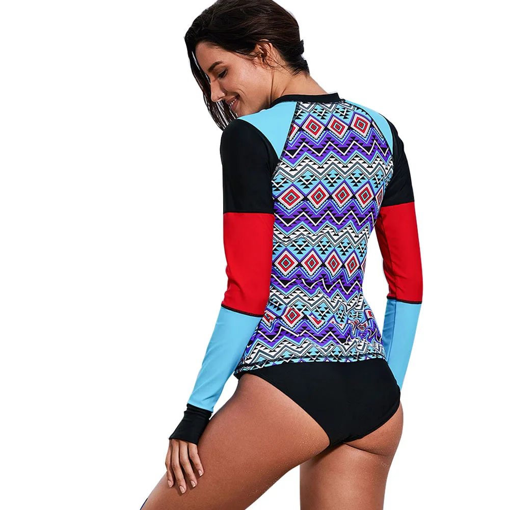 

Bohemian Fashion Printed Long-sleeved Swimsuit Women's Crew Neck Conservative Surf Wear One-Piece Case Swimsuit Top