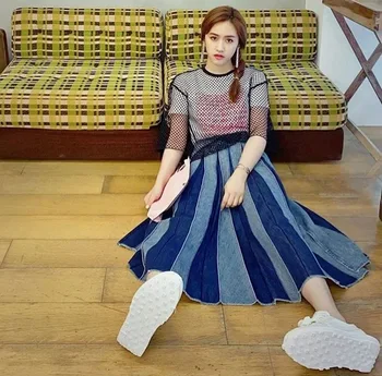 

2020 New 100% Cotton Women's High Waist Mid-Calf Pleated Denim Skirt