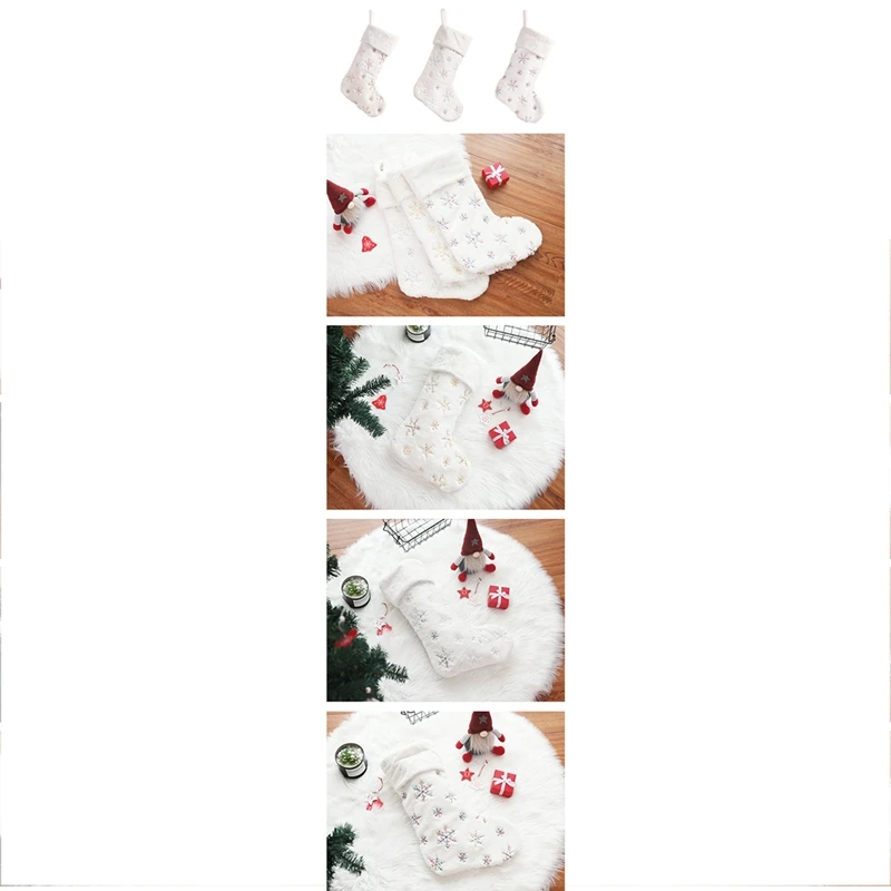 

3Pcs Snowflakes Embroidered White Plush Christmas Stockings Gifts Bag Hanging Loops Xmas Tree Fireplace Candy Socks