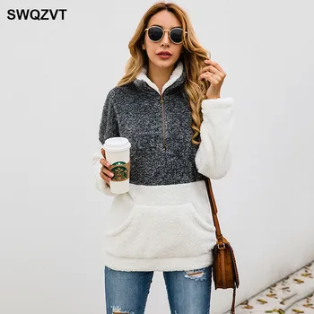 

8 Color Winter Women Sweatshirt Pocket Zipper patchwork Female Tops Casual Warm 2019 New women hoodies Clothes Streetwear