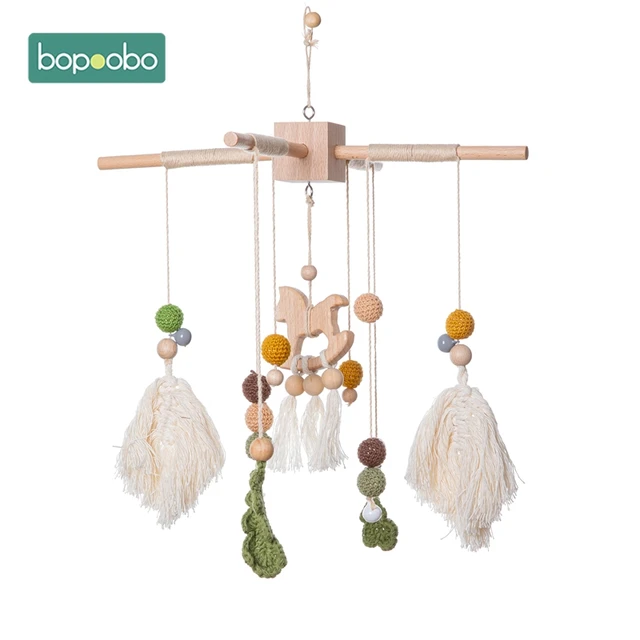 Bopoobo 1set Silicone Beads Baby Mobile Beech Wood Bird Rattles Wool Balls Kid Room Bed Hanging Decor Nursing Children Products Horse