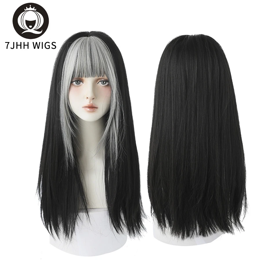 7JHH WIGS Highlighted Grey Black Kinky Straight Synthetic Wigs With Fluffy Bangs For Women Daily Wear Toupee Heat-Resistant Hair |