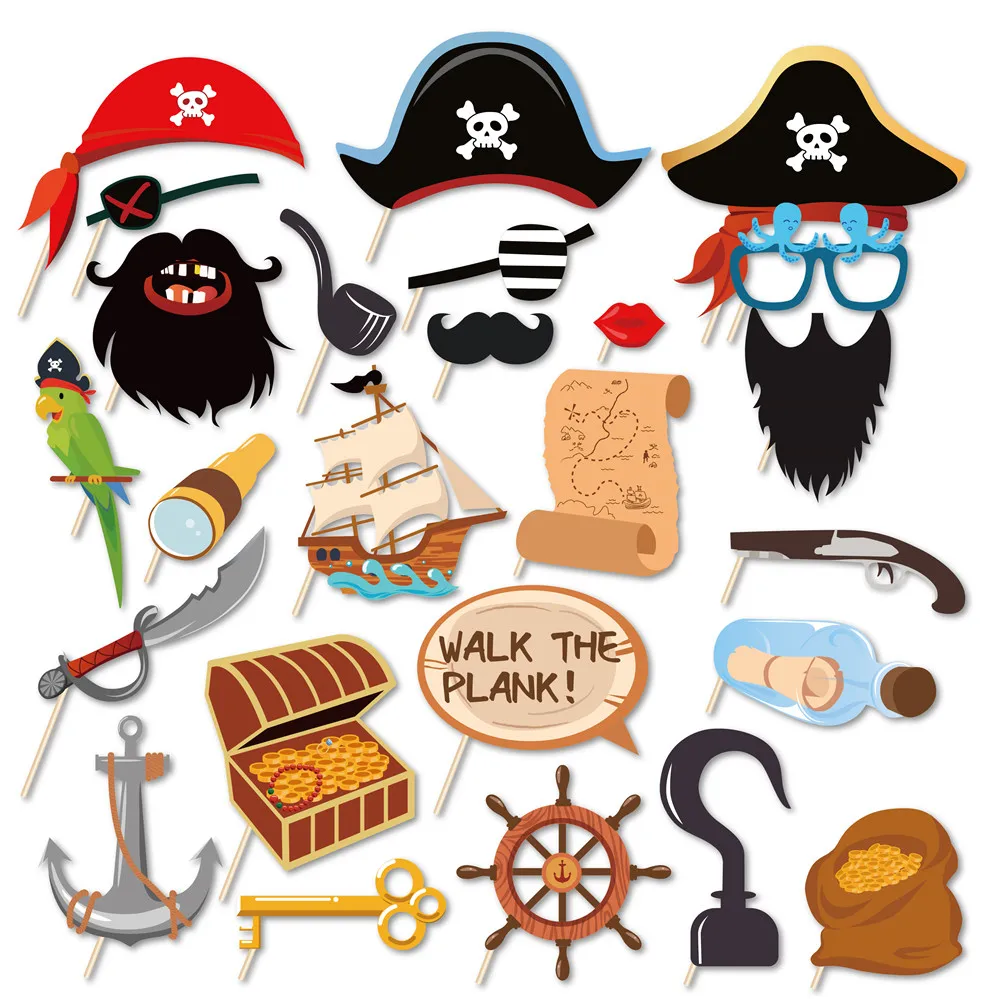 

25pcs/set Happy Birthday DIY Cartoon Pirates of the Caribbean Party Paper Photobooth Props Baby Shower Kids Party Decorations