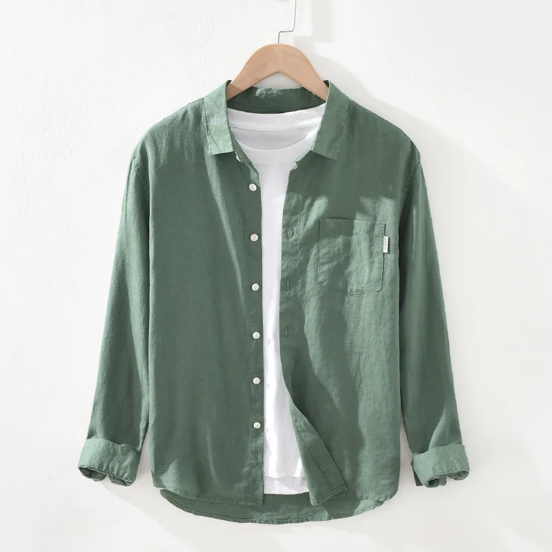 Men Clothing 2021 Fall Men's Fresh Solid Color Linen Shirt Youth Loose