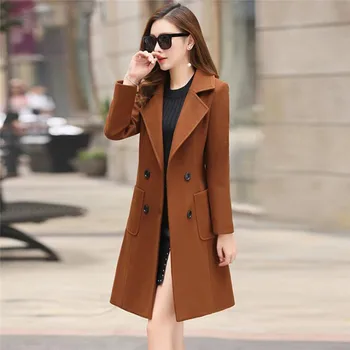 

Women's Cotton Blends Coat New Medium-Long Loose Double-breasted Slim Type Female Autumn Winter Warm Trench Coat Outwear