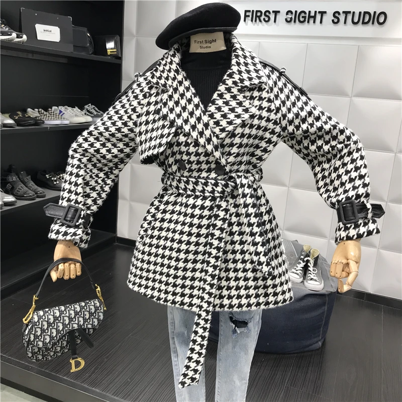 

Korea New Fashion Woolen Coat 2019 Autumn and Winter New Retro Big Lapel Tweed Houndstooth Thicken Sashes Bow Coat Female