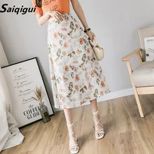 Spring Summer skirts women korean style High vintage Waist Chiffon Midi long Skirts elegant Floral Print Female Beach Skirt Spring Summer skirts women korean style High vintage Waist Chiffon Midi long Skirts elegant Floral Print Female Beach Skirt