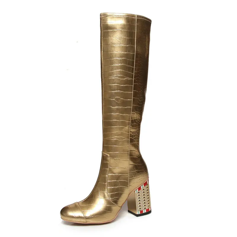 Женские ботинки Осень-зима модные сапоги на молнии женские сапоги до колена на квадратном каблуке женские сапоги с круглым носком белого и золотого цвета