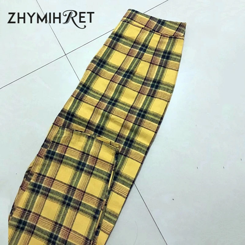 ZHYMIHRET повседневные клетчатые с высокой талией желтые прямые брюки женские летние Панталоны женские свободные брюки с боковой молнией Spodnie Damskie
