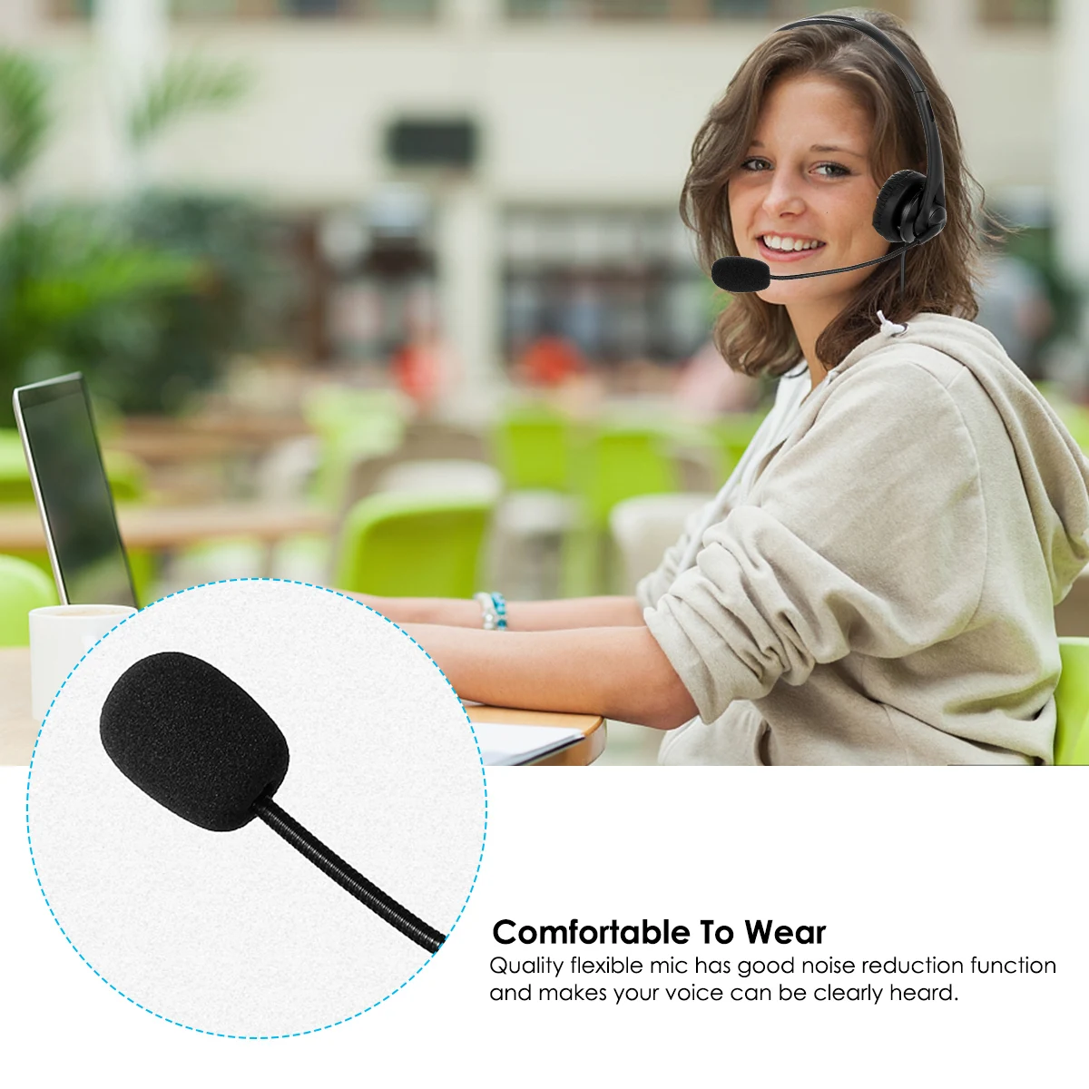 Ergonomic stretchy USB On Ear Wired Headset Earphone with Noise Concealing Microphone for Laptop Desktop Corded Telephone