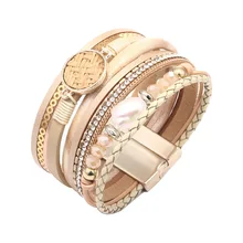 Европейский и американский многослойный браслет с CZ инкрустацией для женщин, кожаный браслет, магнитная пряжка и богемный еврей