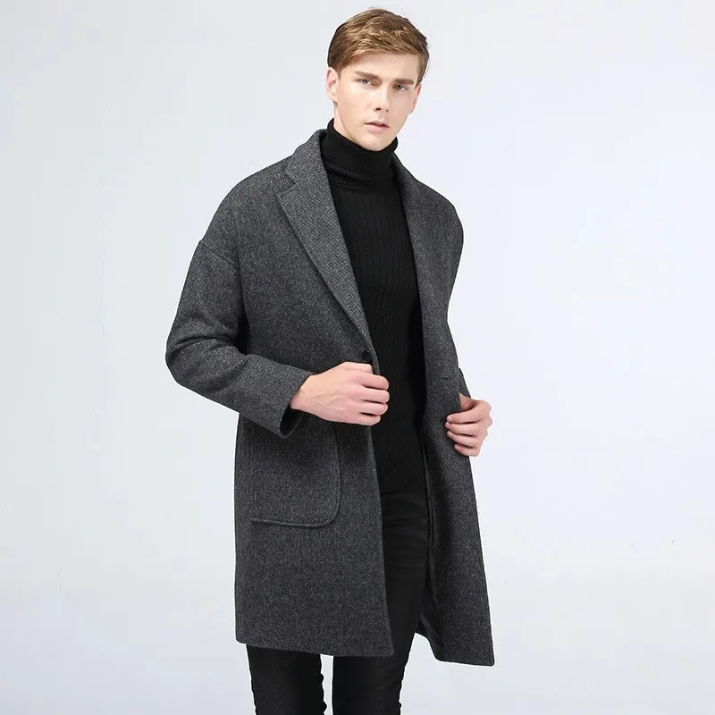 Top Quality Mens Falling Shoulder Single Button Medium Length Windbreaker Fashion Slim Wool Blends Casual Lapel Casaco Masculino