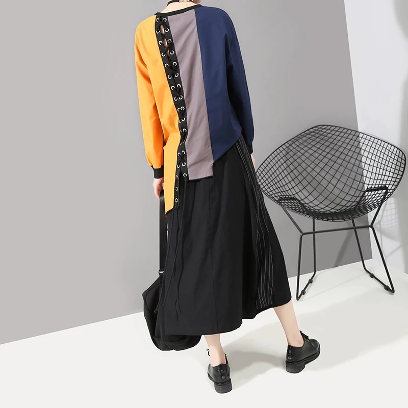 Новая женская черная Асимметричная юбка в полоску, Лоскутная однотонная черная корейская модная женская Повседневная уникальная одежда, Юбка Femme 5508
