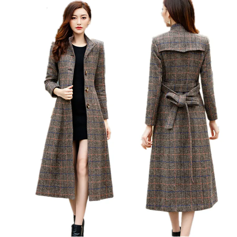 Woolen coat women high quality Classic Long wool coats Women's winter outerwear plaid womans coats Korean fashion clothing B4183
