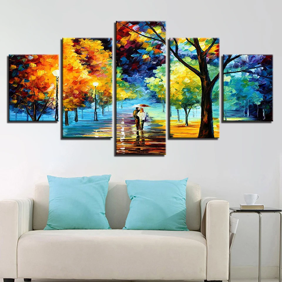 

Unframed 5 Panel Walking In The Rain Scenery Color Trees Pictures Wall Art Home Decor Posters Canvas Paintings for Living Room