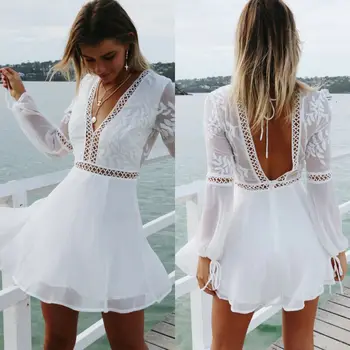 

Women Summer Beach Dress Sexy V Neck Open Back Lace Ruffles Lace Hollow Out Mini Dresses Elegant White Dress Vestidos