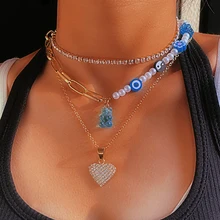 

Blue Bear Shiny Heart Crystal Tennis Chain Necklace For Women Multilayer Flower Beads Pearl Metal Necklace Choker Trendy Jewelry