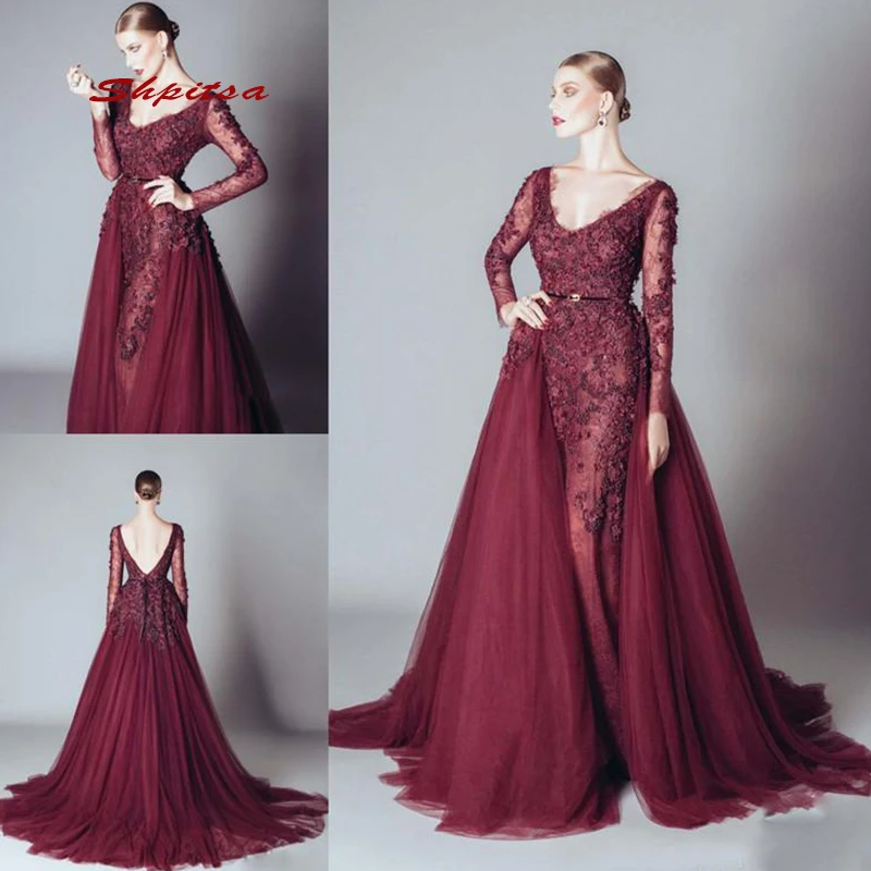 Bourgondië Lange Mouwen Lace Avondjurken Party Plus Size Dames Vrouwen Afneembare Rok Formele Jurken Avondjurk Bourgondië Lange Mouwen Lace Avondjurken Party Plus Size Dames Vrouwen Afneembare Rok Formele Jurken Avondjurk