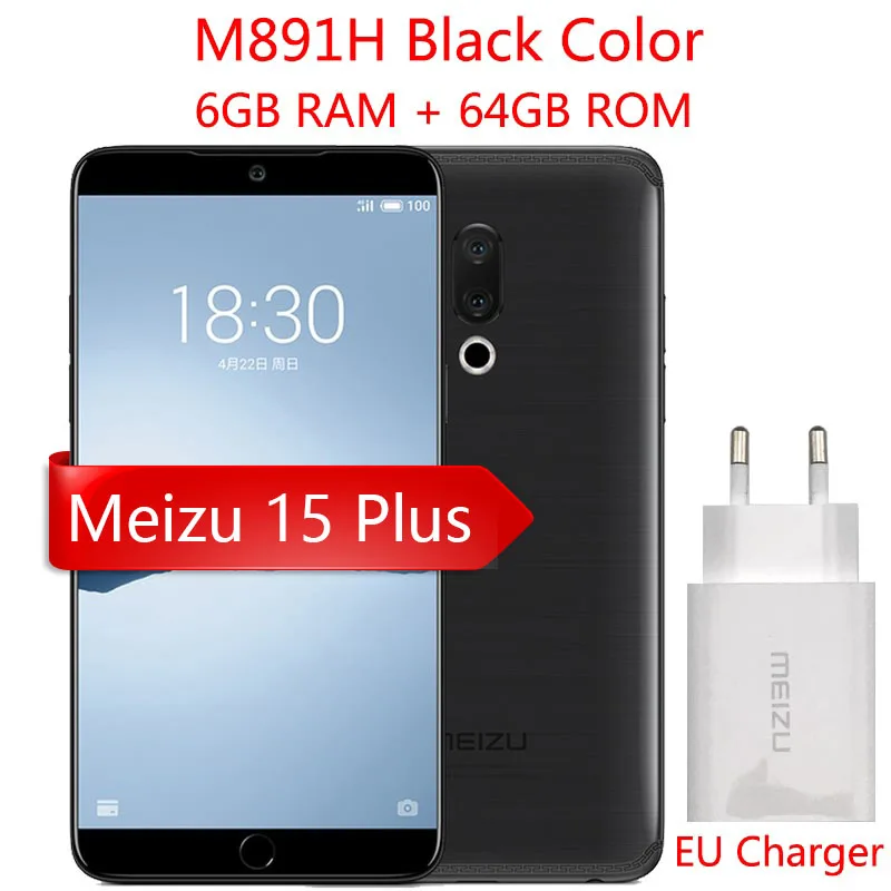 Глобальная версия Meizu 15 Plus, 4G LTE, 6 ГБ, 64 ГБ, Exynos 8895, четыре ядра, 5,95 дюймов, 2560x1440 P, быстрое зарядное устройство с отпечатком пальца, mEngine, сотовый телефон - Цвет: M891H Black 6G 64G