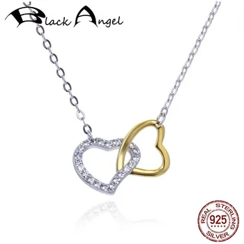 

Valentine Day Gift 925 Sterling Silver Connected Heart Couple Heart Pendant CZ Necklace for Girlfriend Fine Jewelry