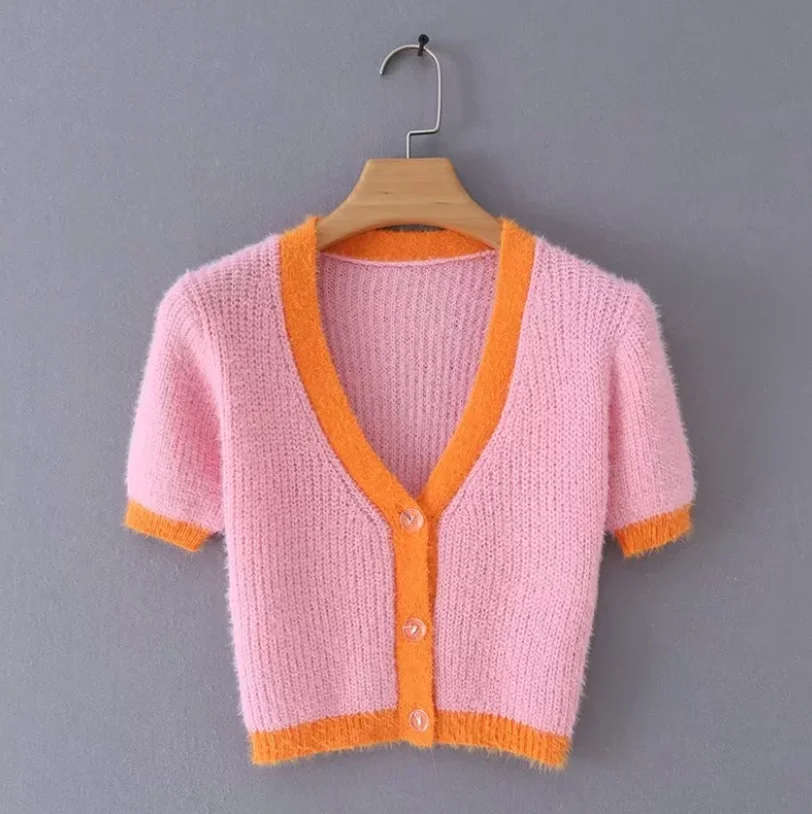 pink sweater Розовый кардиган, женские свитера, корейский укороченный свитер, желтые осенние Топы с коротким рукавом, v-образный вырез, короткий кардиган, мохер, свитер, осень - Цвет: pink sweater