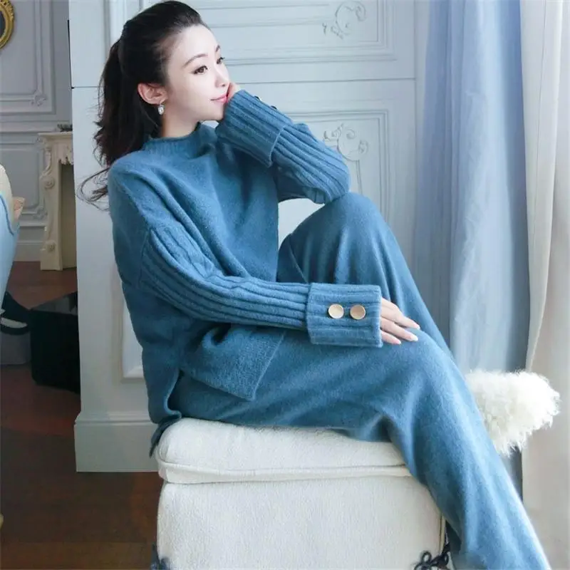 Женский вязаный комплект из 2 предметов осень-зима, женский толстый теплый свободный свитер с круглым вырезом+ длинные штаны с широкими штанинами, костюм E236 - Цвет: blue
