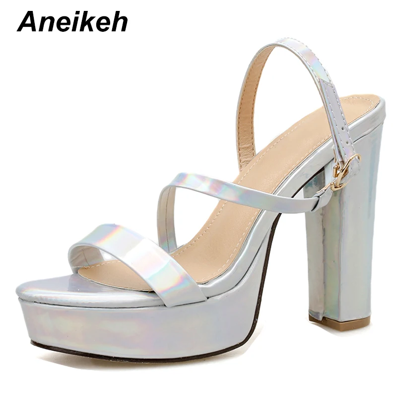 

Aneikeh 2020 Fashion Patent leather Sequins Platform Women Sandals Peep Toe Thick Heel Narrow Band Ankle Strap Female Party Shoe