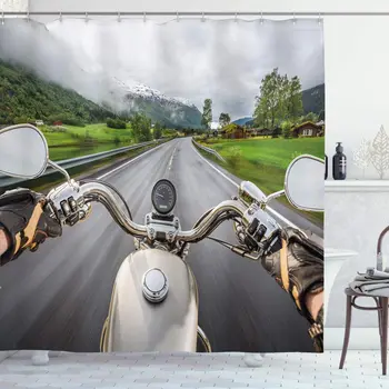 

Man Cave Biker Rides on The Highway Lifestyle Speed Adventure Foggy Rural Area Bathroom Decor