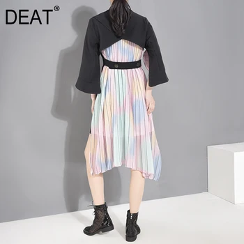 

2020 new DEAT spring and summer fashion women clothes turn-down collar flare sleeves double breasted patchwork dress WK40201L