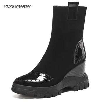 

British Autumn Winter New Platform Short Boots Thick-soled Real Leather Thin Elastic All-match Fashion Kid Suede Velvet Shoes