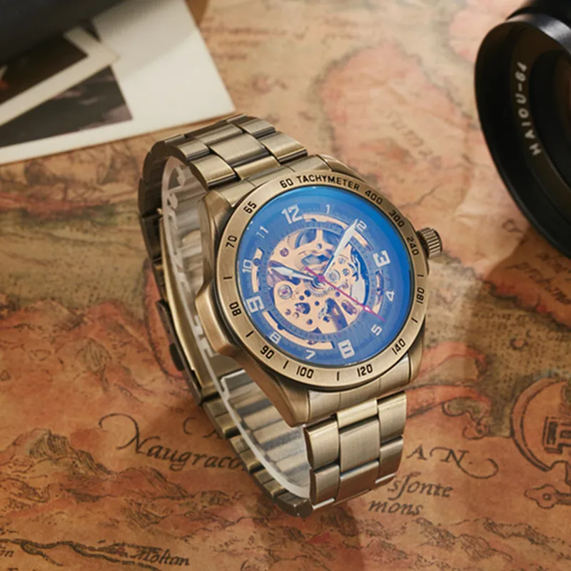 Gorben Stainless Steel Band Gold Skeleton Mechanical Watch Mens Watches Automatic Mechanical Business Clock Wrist Watch