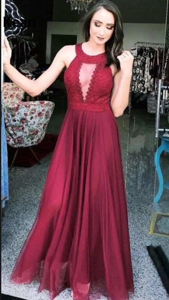 

Burgundy Evening Dress V-Neckline A-Line Lace Illusion vestidos Islamic Dubai Kaftan Saudi Arabic Evening Gown Prom Dress