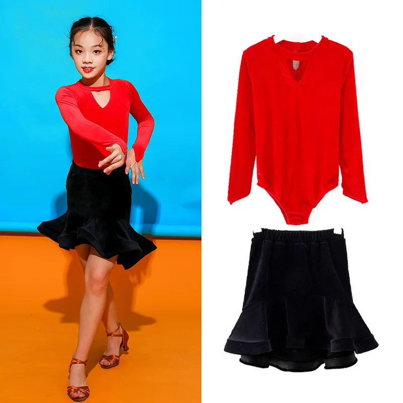 Children Latin Dance Practice Clothes Ballroom Dance Dress Girls Latin Performance Suit Top+Skirt Latin Dance Costumes 2 Pcs Set (7)