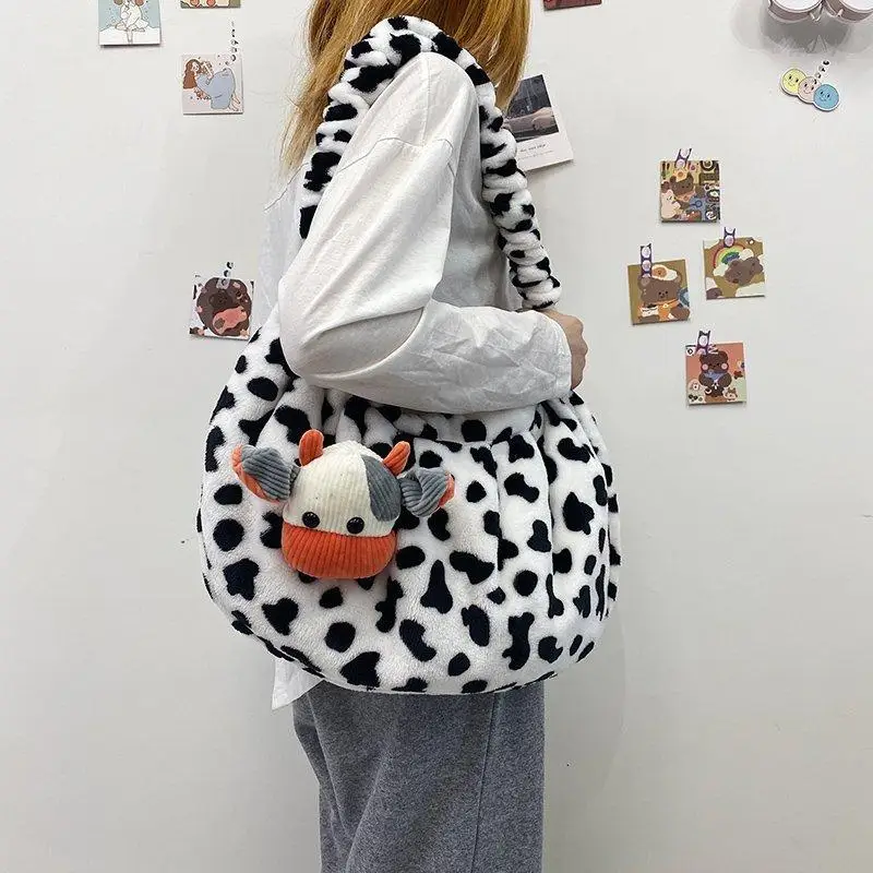 

Cute Milk Cow Printing Women Shoulder Bag Soft Plush Big Crossbody Bags For Women Pleated Design Large Capacity Women's Bag 2020