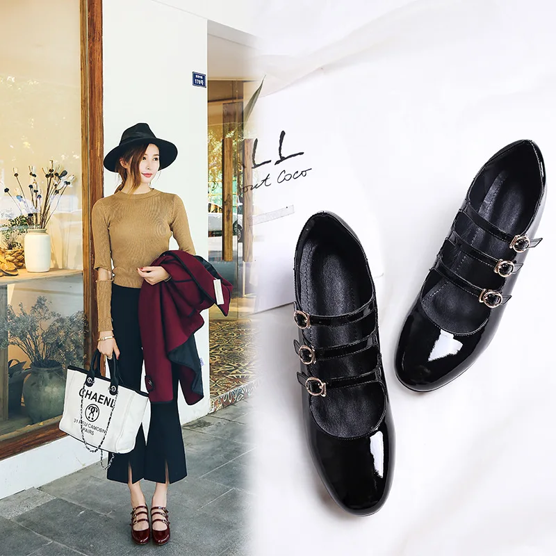 

2019 Spring New Style New Products-Style Patent Leather Shoes A- line Buckle Low-Cut Low Chunky Heel Fashion Shoes Hundred Da
