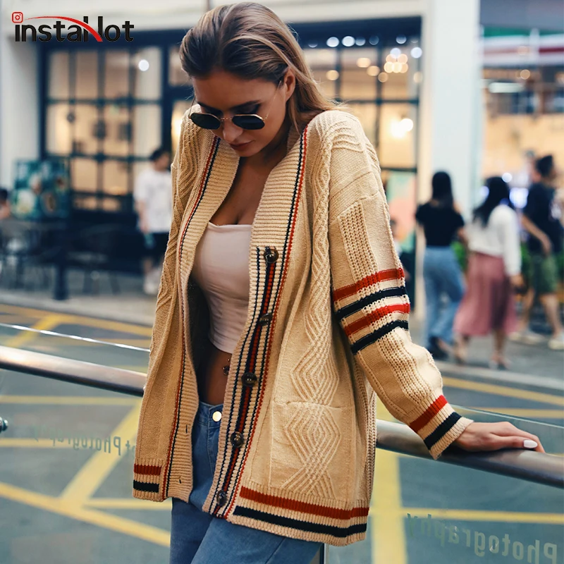 InstaHot/Повседневные вязаные кардиганы для женщин, абрикосовый полосатый свитер, свободная зимняя женская верхняя одежда, пальто осенние Рубашки женские