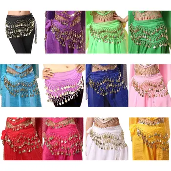 

Professional Chiffon Belly Dance Scarf 3 Rows 128 Gold Coins Belly Dance Costume Scarfs Skirt Belt Hip Wrap Waist Chain