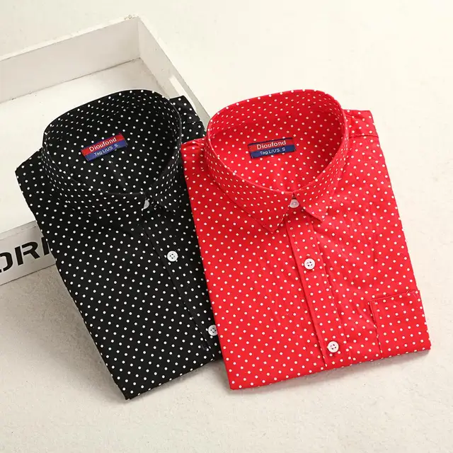 US $7.64 Dioufond Polka Dot Printed Blouse Shirt Women Long Sleeve Cotton Work Wear Blouses White Print Blus