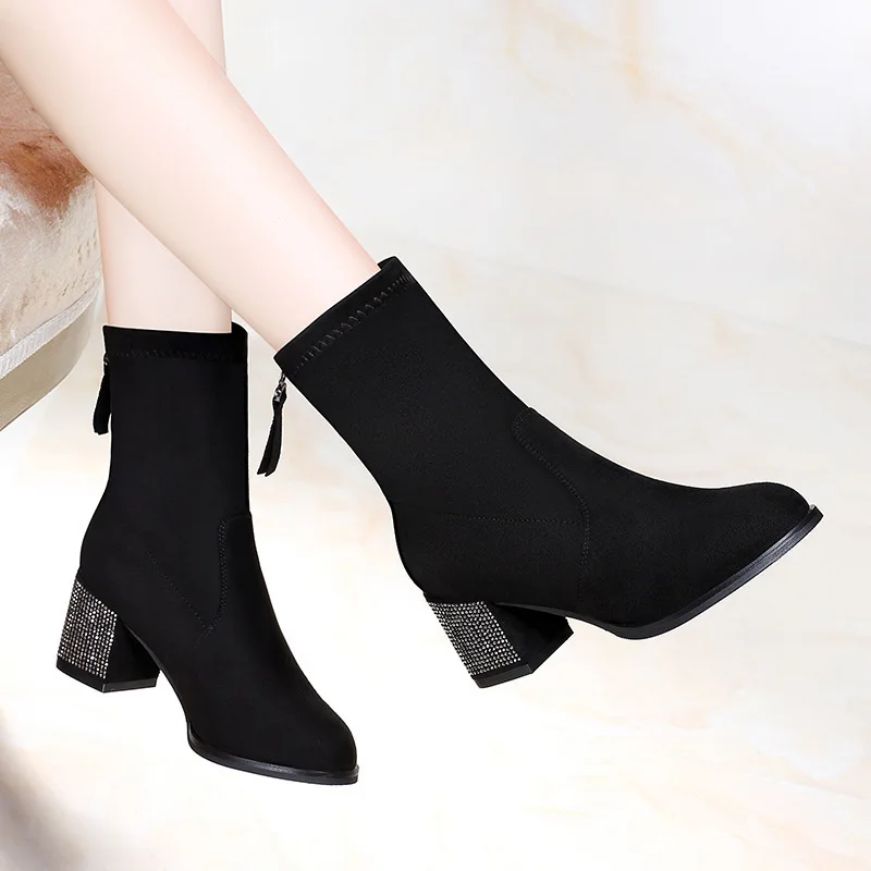 

Autumn Short Boots Women's 2018 New Style Cool Korean-style British Style Versatile Black Chunky-Heel Retro plus Velvet Middle B