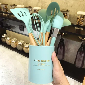

New 9/ 13Pcs Kitchen Tools Silicone Cooking Utensils Wooden Handle Kitchen Utensils Set with Stainless Steel Storage Box Gift