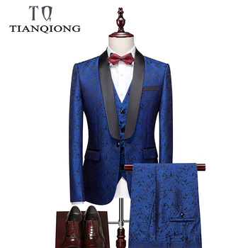 

TIAN QIONG 2020 New Luxury Brand Jacquard Printed Men Suit Slim Fit Groom Wedding Tuxedo Party Male Suits Royal Blue S-5XL