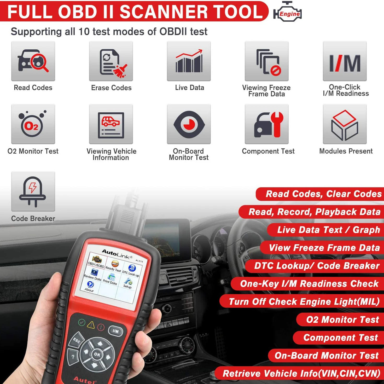 Autel AutoLink AL519 Vehicle OBDII/EOBD Code Reader One-Click I/M Readiness Key, Turns off Check Engine Light 2