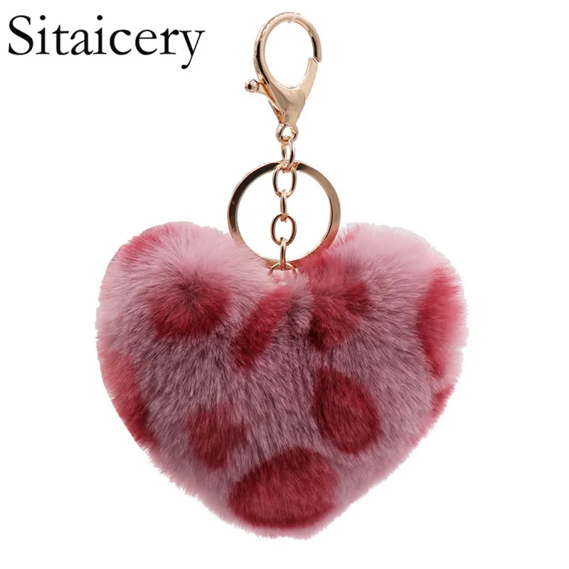 

Sitaicery Faux Rabbit Fur Ball Keychain Pompom Leopard Plush Heart Key Chain Pom Pom Round Ball Trinket Car Bag Key Ring Gifts