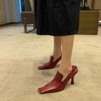 

Square Toe Real Leather High Heels Pumps Women Slip on Sexy Ladies Shoes Luxury Chaussures Femme Zapatos De Mujer Elastic Heel