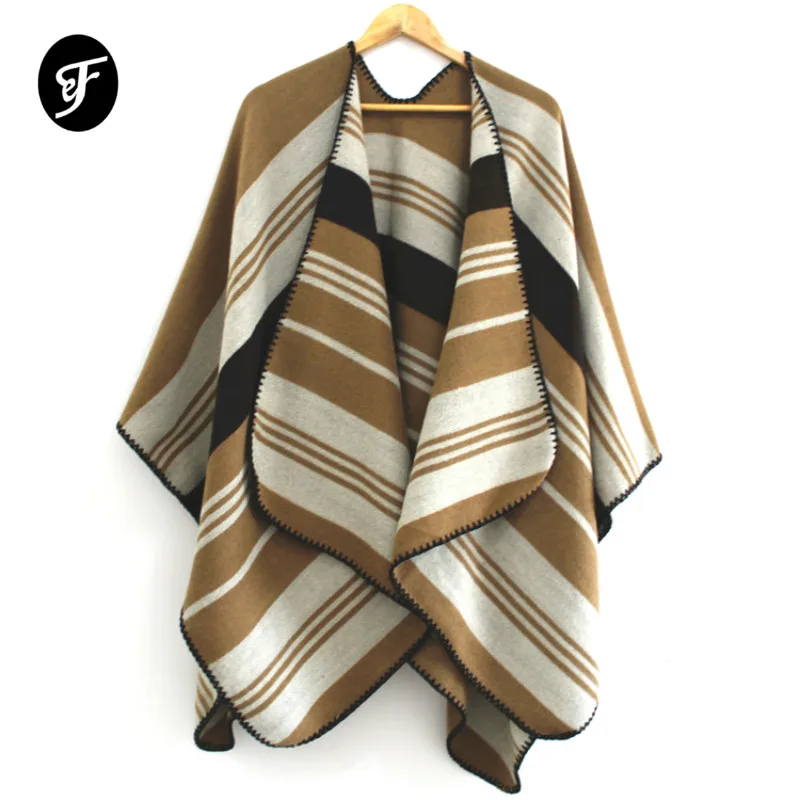 

RANAWEELA Women Poncho Shawl Cardigan Open Front Luxury Cape Wrap Fashion Stripe Pattern Pashmina Scarves Female Ruana