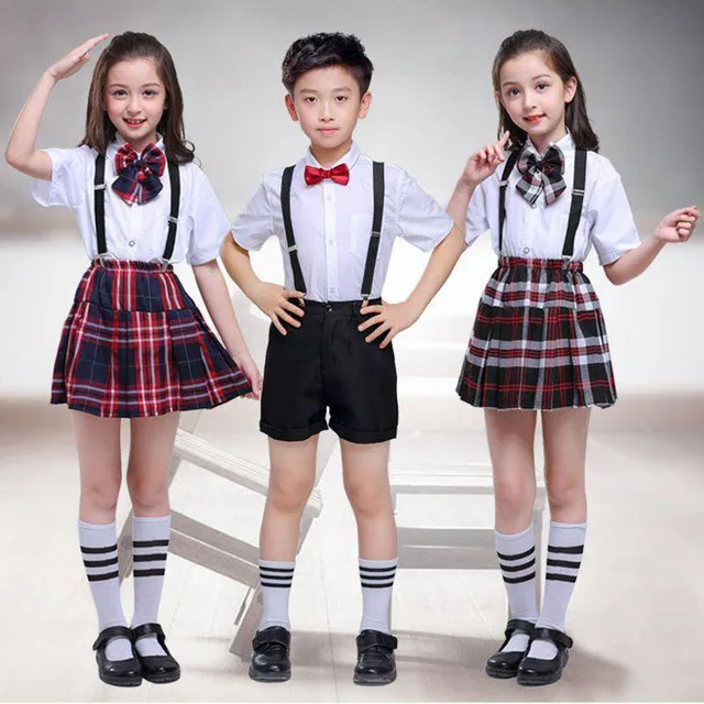 2022 School Uniforms for Children Kids Clothing Sets Tops+Skirt+Strap Teenager Girls Plaid Student Boys Choir Costumes 100-170Cm